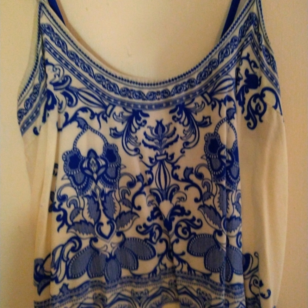 Strap tank top. Blue painted floral